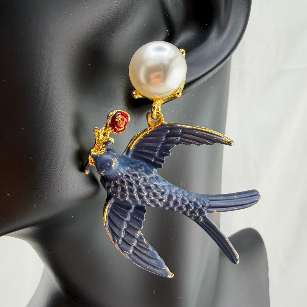 Blue Swallow Pearl Drop Earrings Statement Gold - Picture 10 of 14